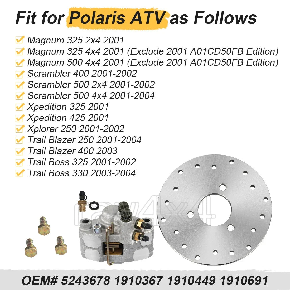 Rear Disc Rotor and Brake Caliper Set for Polaris Trail Boss 325 2001-2002