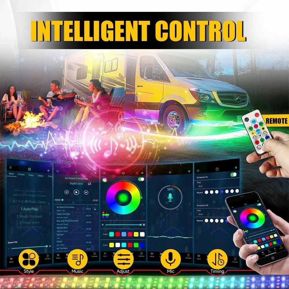 Multi-Color Chasing RGB LED Underglow Lighting Kit for Vehicles