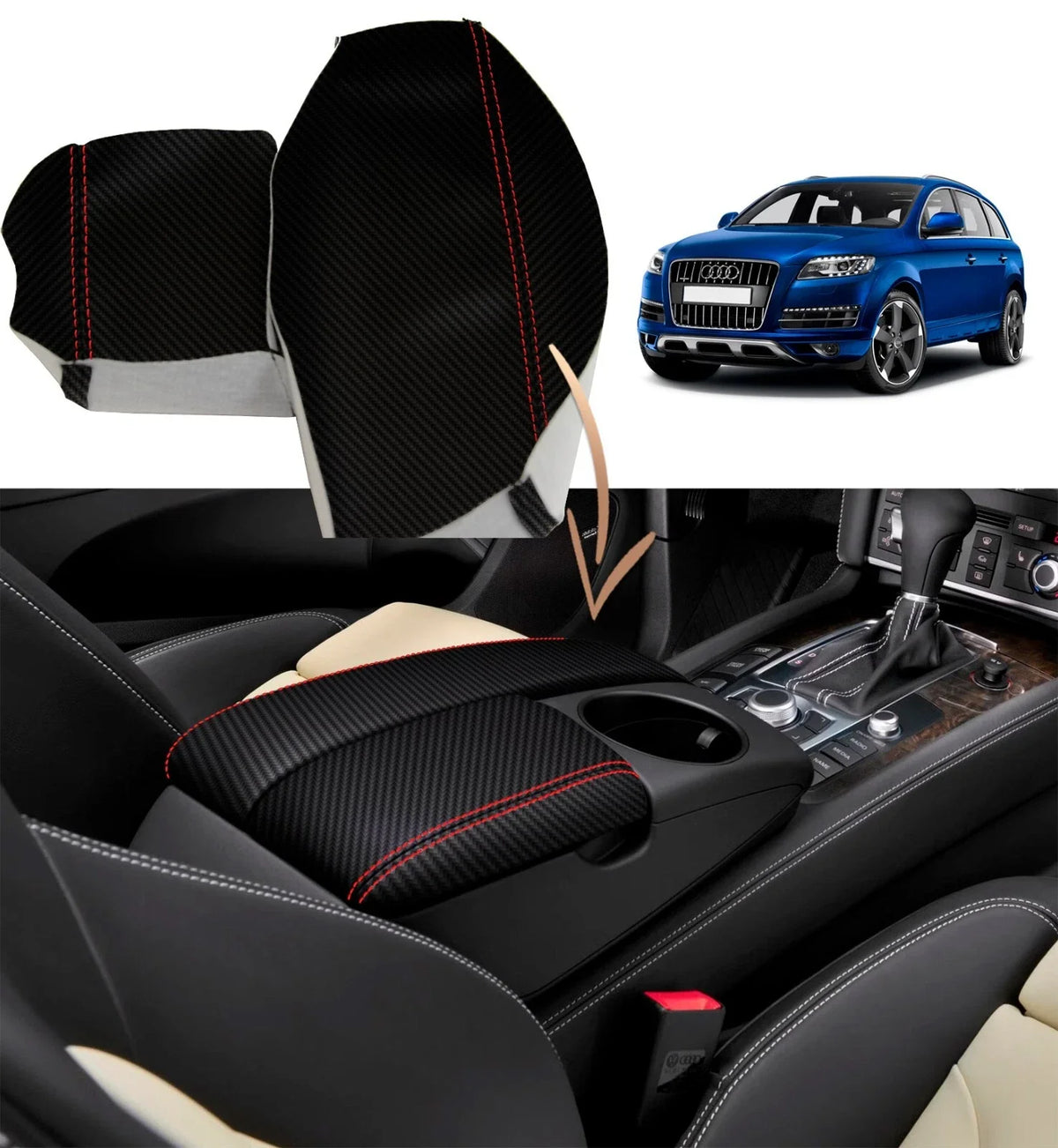 Carbon Fiber Console Lid Armrest Cover for Audi Q7 (2007–2015) Red Stitch