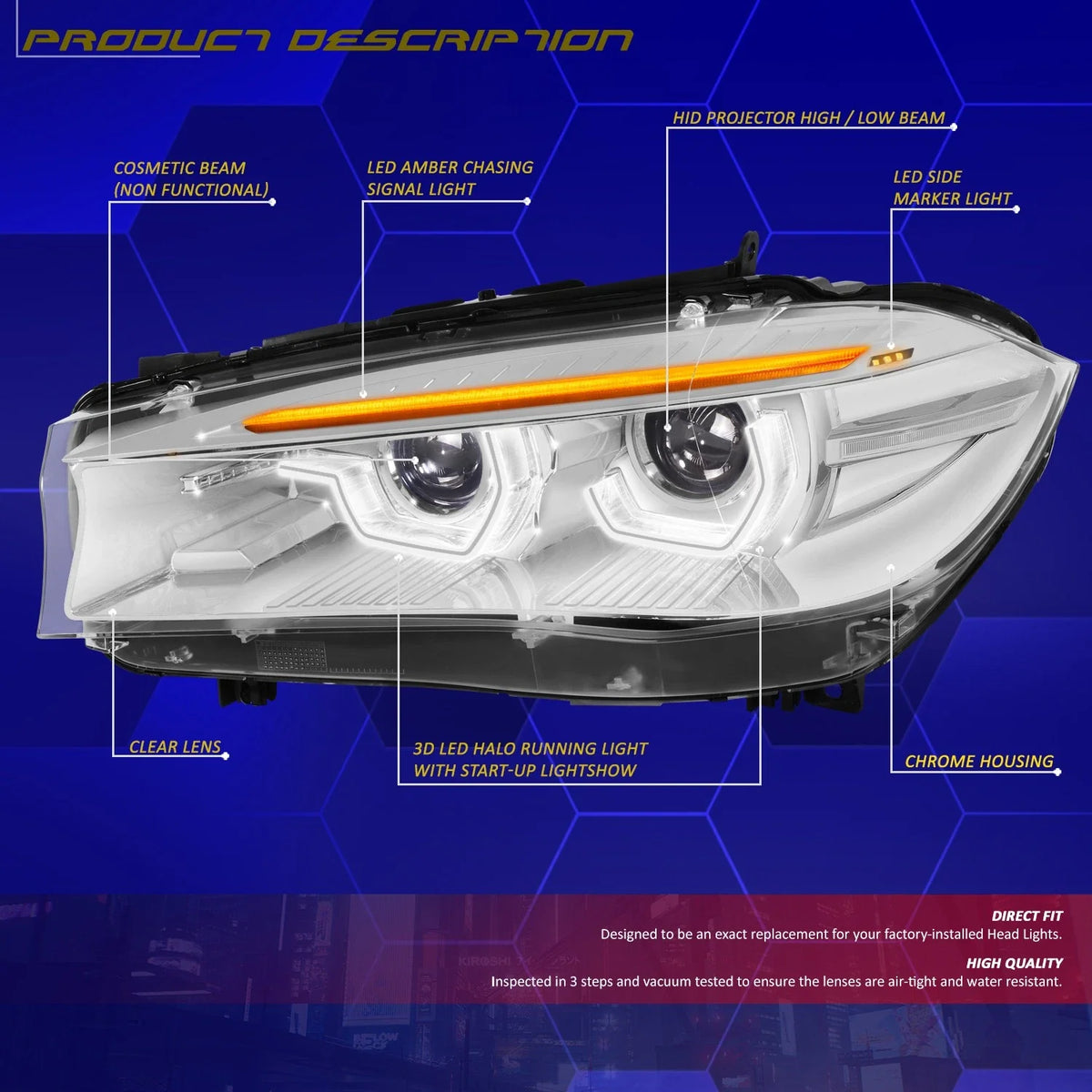 LED Sequential HID Projector Headlights for BMW X5 X6 (2014–2019)