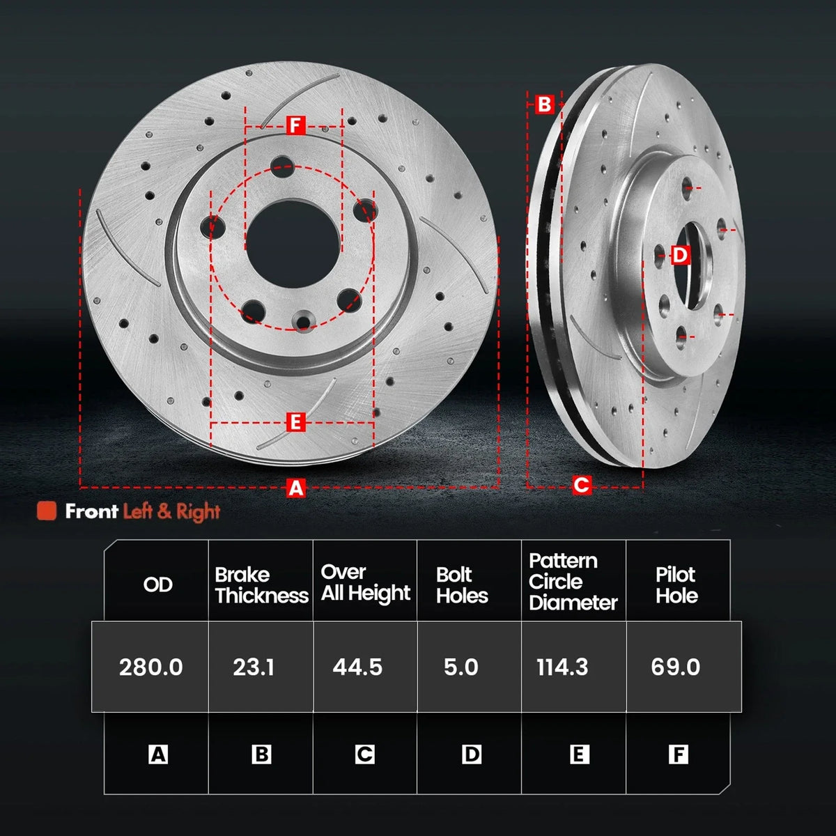 280mm Front Brake Rotors with Pads for Hyundai Elantra (2017-2020)