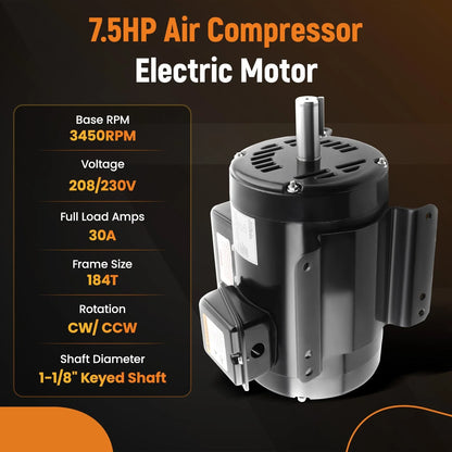Electric Motor 7.5HP 230V 3450RPM for Air Compressor 184T Frame CW/CCW