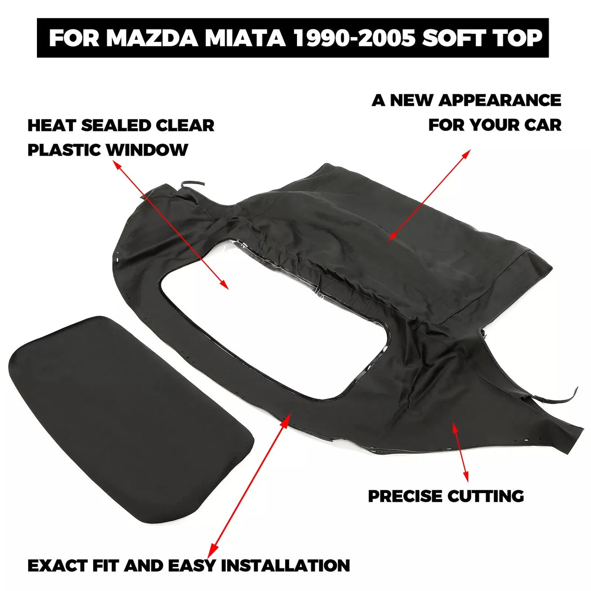 Black & Clear Soft Top Window for Mazda Miata (1990–2005) Convertible