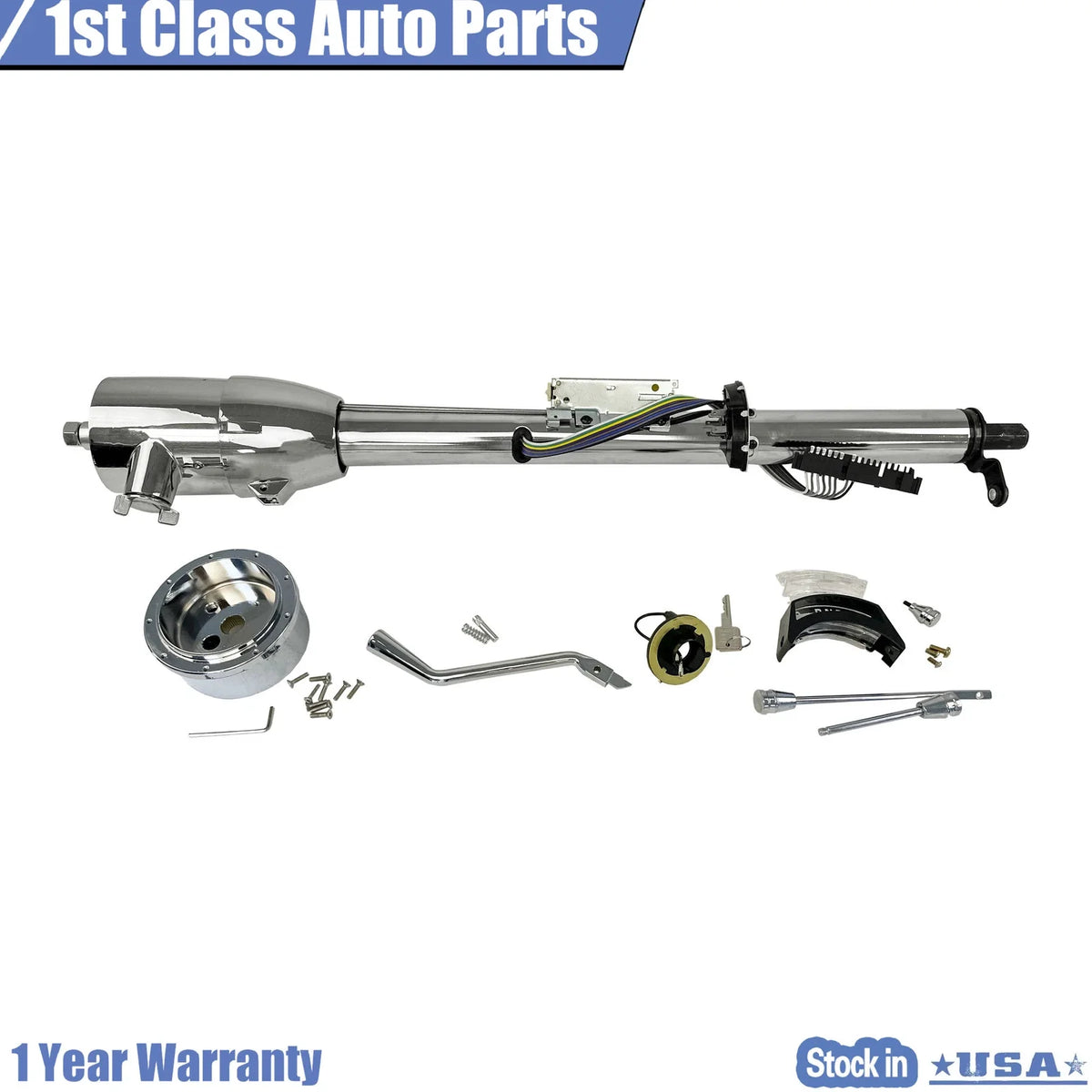 32" Chrome Column Shift Tilt Steering Column with Key & Wheel Adapter for Make Model
