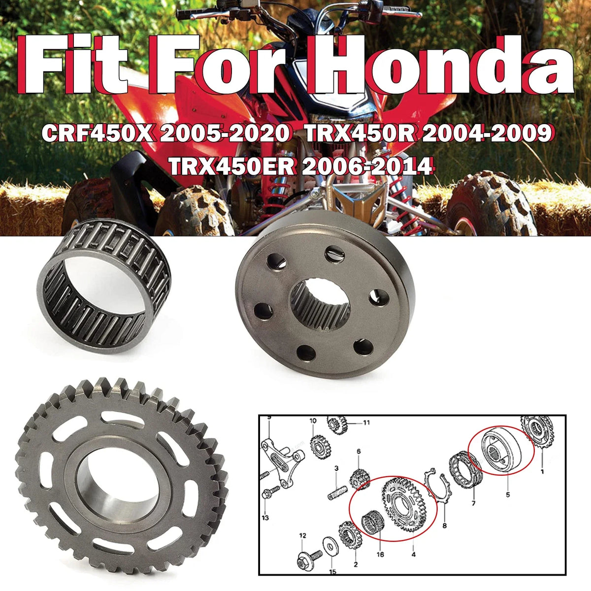 One-Way Starter Clutch Gear Bearing Kit for CRF450X TRX450ER 2005-2014