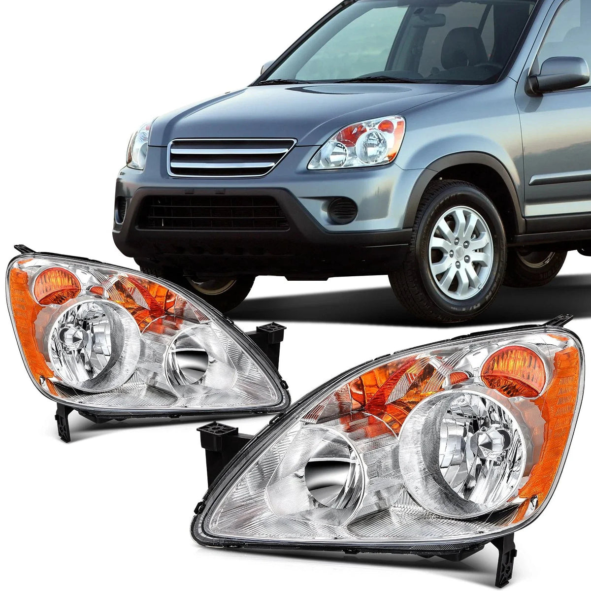 Headlight Assembly Set (2) Chrome Amber for Honda CR-V 2005-2006