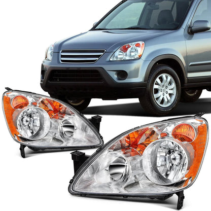 Headlight Assembly Set (2) Chrome Amber for Honda CR-V 2005-2006