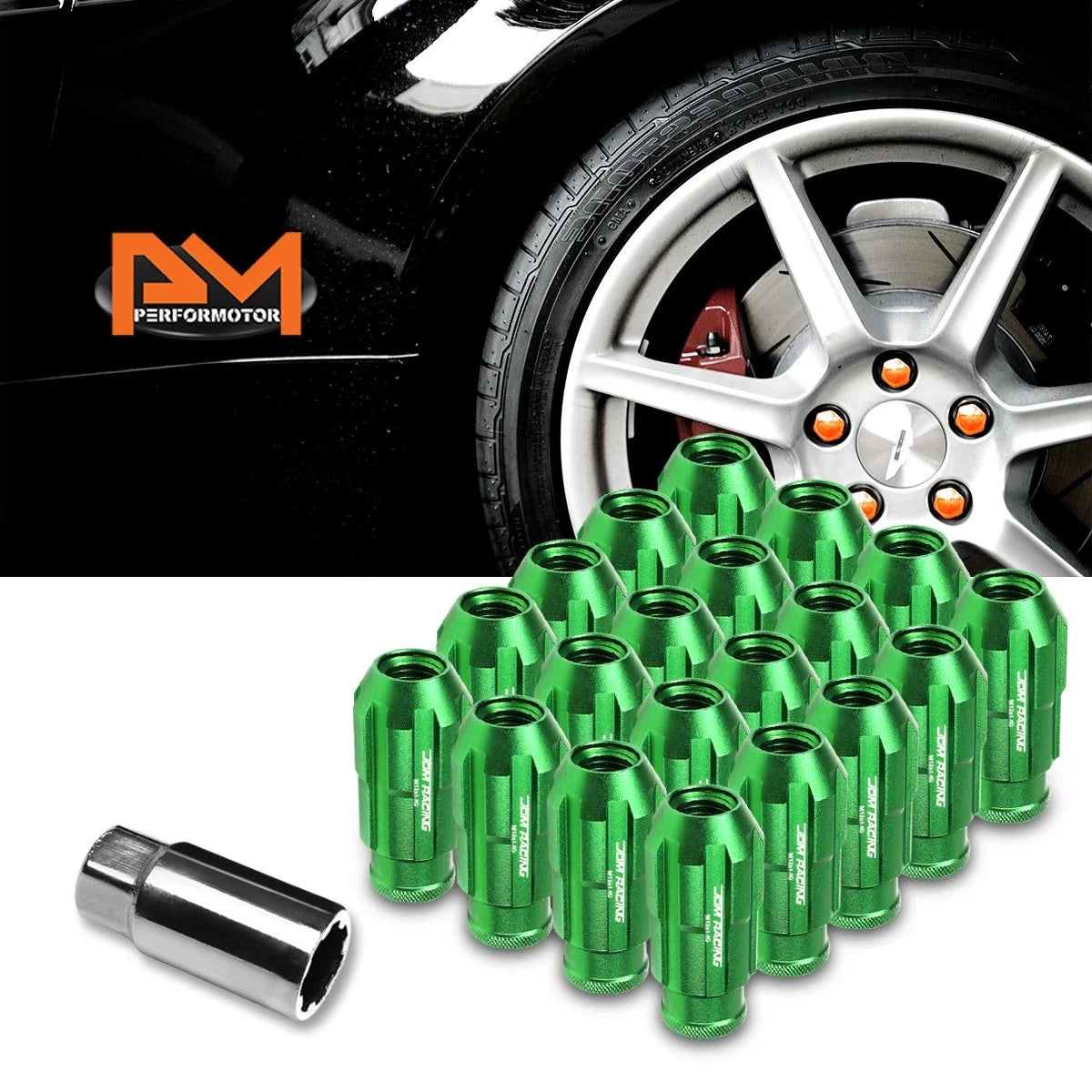 Open End Bulge Spline Lug Nuts 20Pc M12X1.5 Green + Lock Key