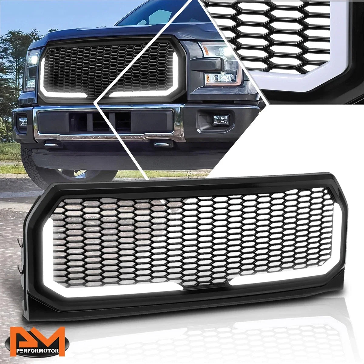 ABS Honeycomb Mesh Front Grille Frame w/LED Light Bar for Ford F150 (2015-2017)