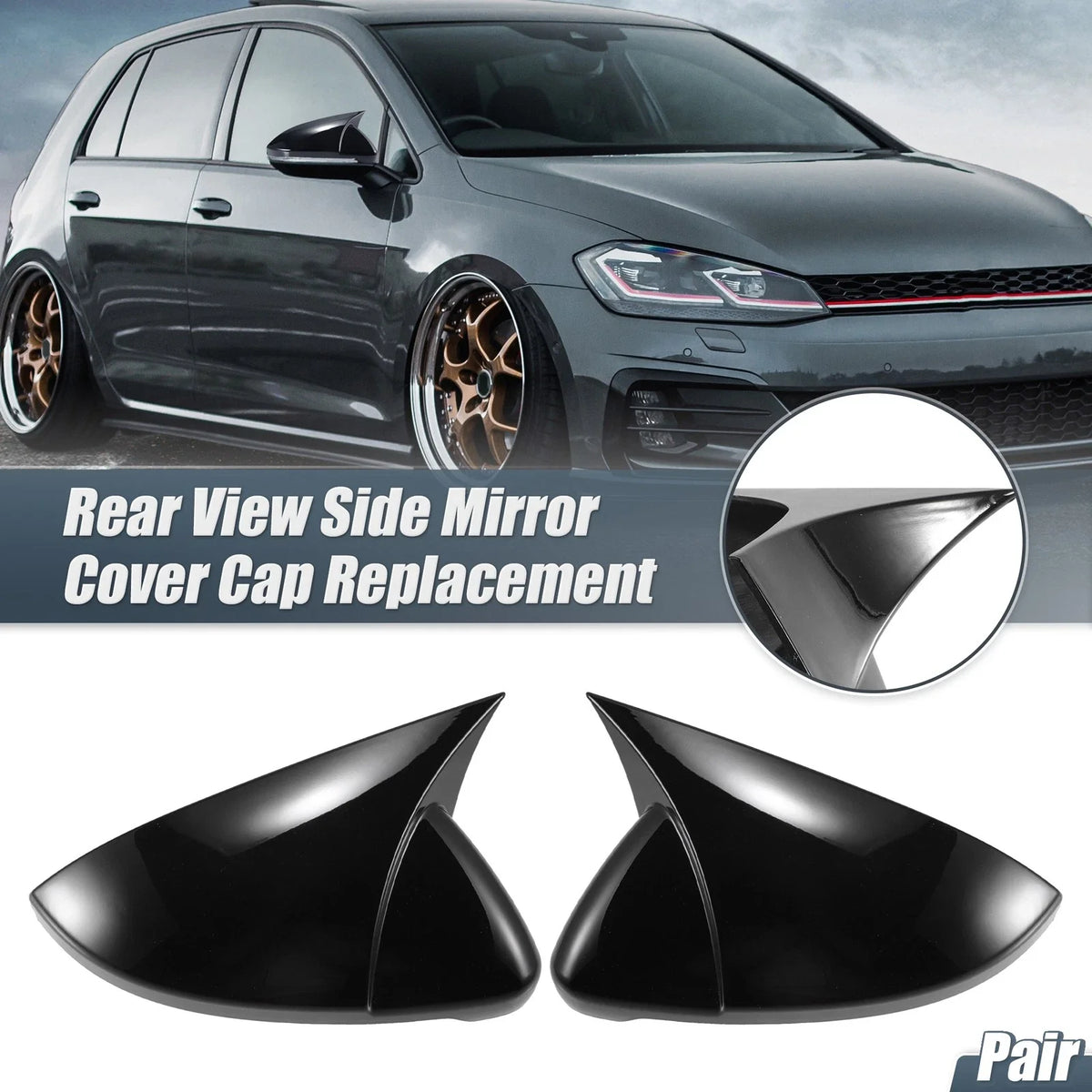 Pair Rearview Mirror Cover Overlay Gloss Black for Volkswagen Golf MK7 (2013–2020)