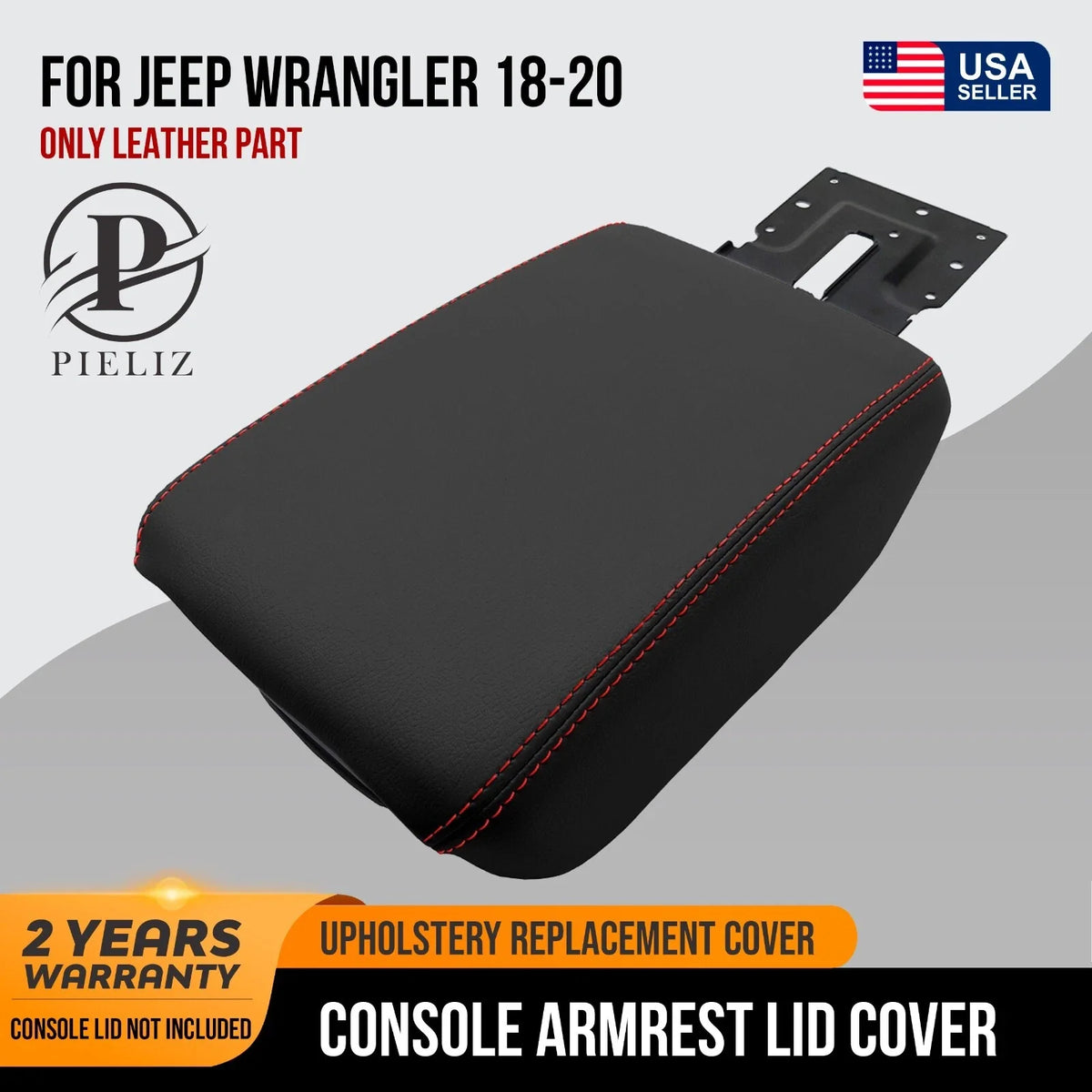 Center Console Lid Armrest for Jeep Wrangler (2018–2020) - PVC Leather, Red Stitch