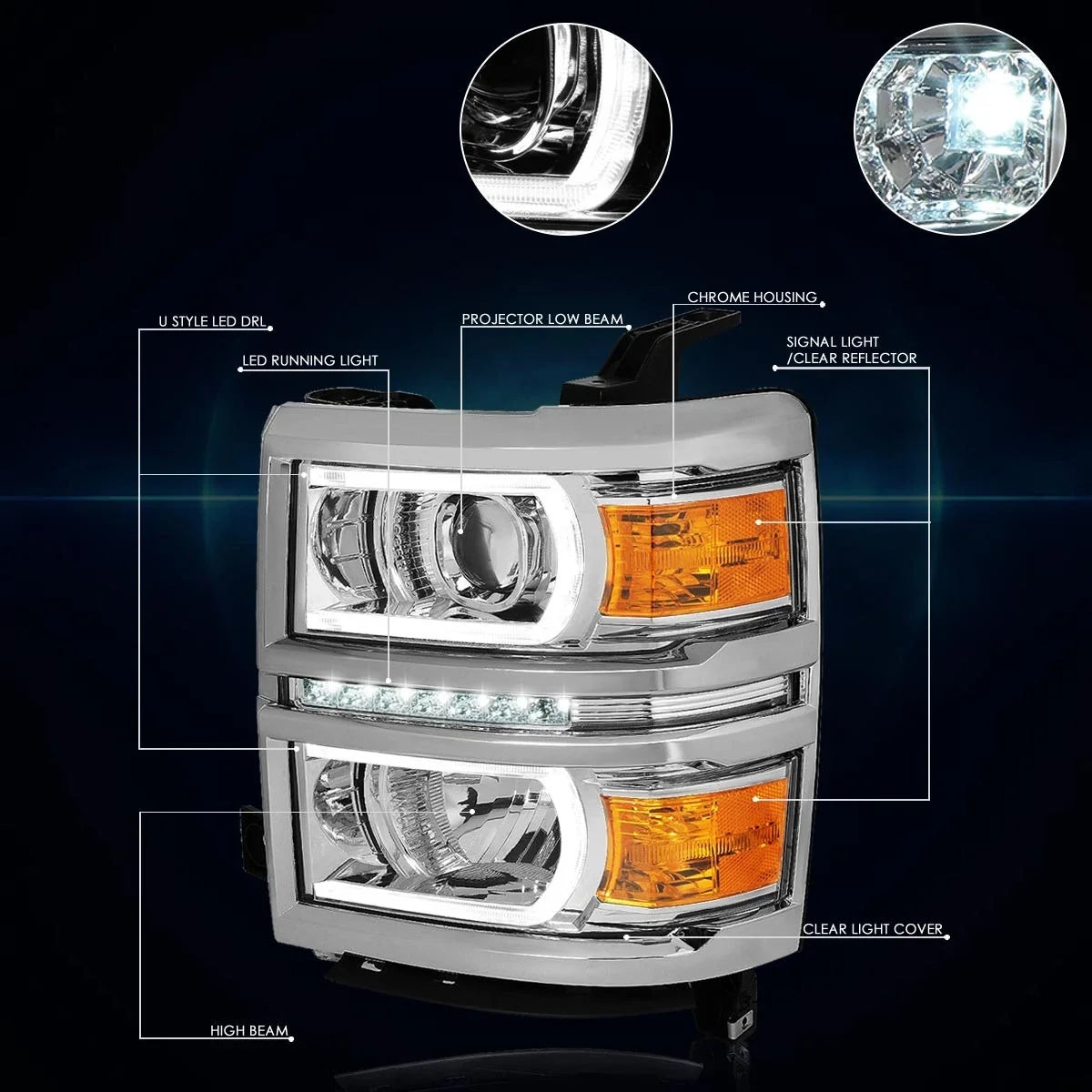 LED Projector Headlight Chrome Housing for Chevy Silverado (2014–2015)