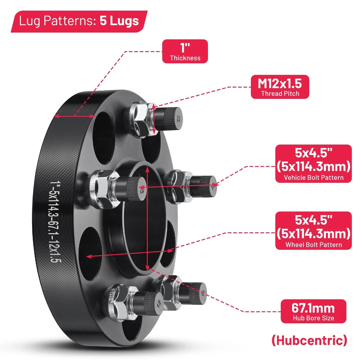 Set of 4 Wheel Spacers for 5x114.3 Bolt Pattern (67.1mm Hub, 1" Inch)