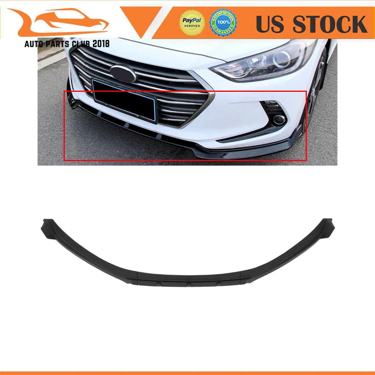 Matte Black 3PC Front Bumper Lip Spoiler for Hyundai Elantra (2017–2018)
