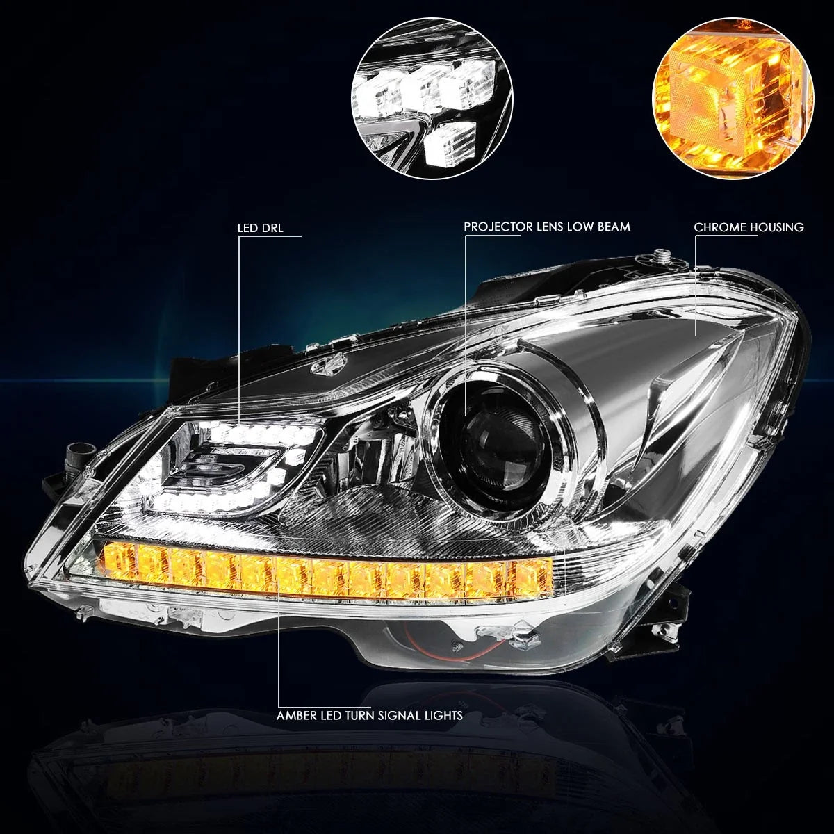 Projector Headlight for Mercedes C-Class (2012–2015) W/3D LED DRL Chrome Housing