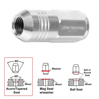 M12X1.5 Silver Closed End Cone Hex Wheel Lug Nuts Set of 20 + 20mm Extender