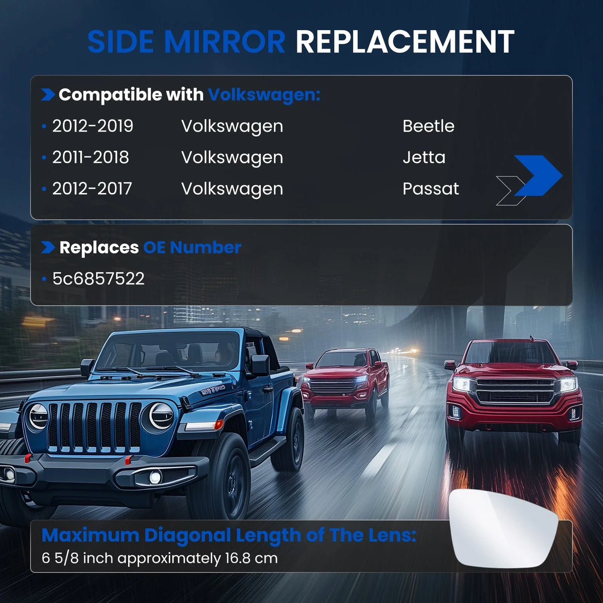 Passenger Side Mirror Glass for Volkswagen Beetle (2012–2019)