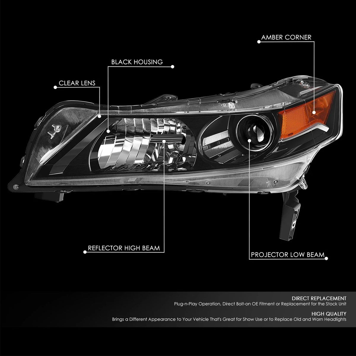 Projector Headlight for Acura TL (2012–2014) - Left Side, Black Housing