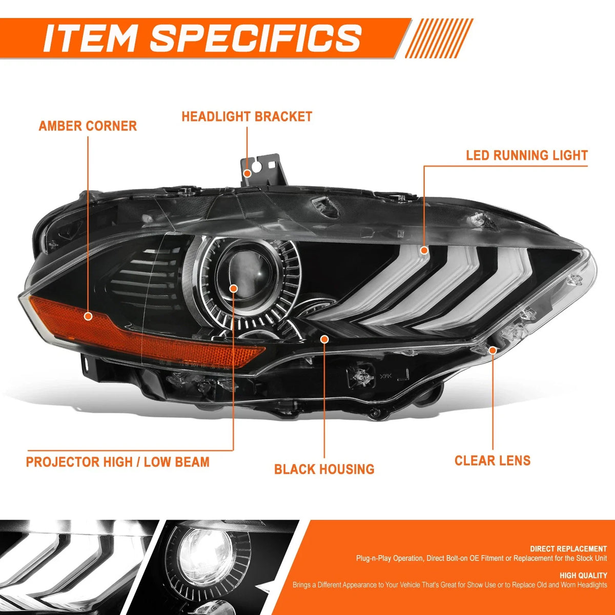 HID Headlight Projector Lamp for Ford Mustang 2018-2022