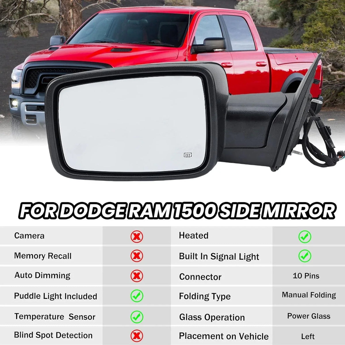 Side Mirrors Pair, Power Heated for Dodge Ram 1500 (2009–2012)
