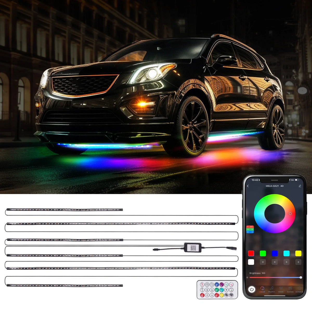 RGB Underglow LED Kit 6pcs Neon Strip Lights for Car Universal Fit