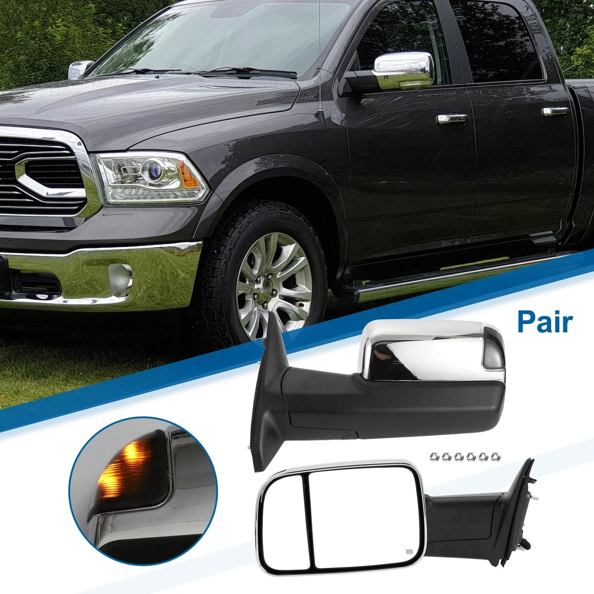 Tow Mirrors for Dodge Ram 1500 2500 (2009–2018) with Lights, Silver Tone, 1 Pair