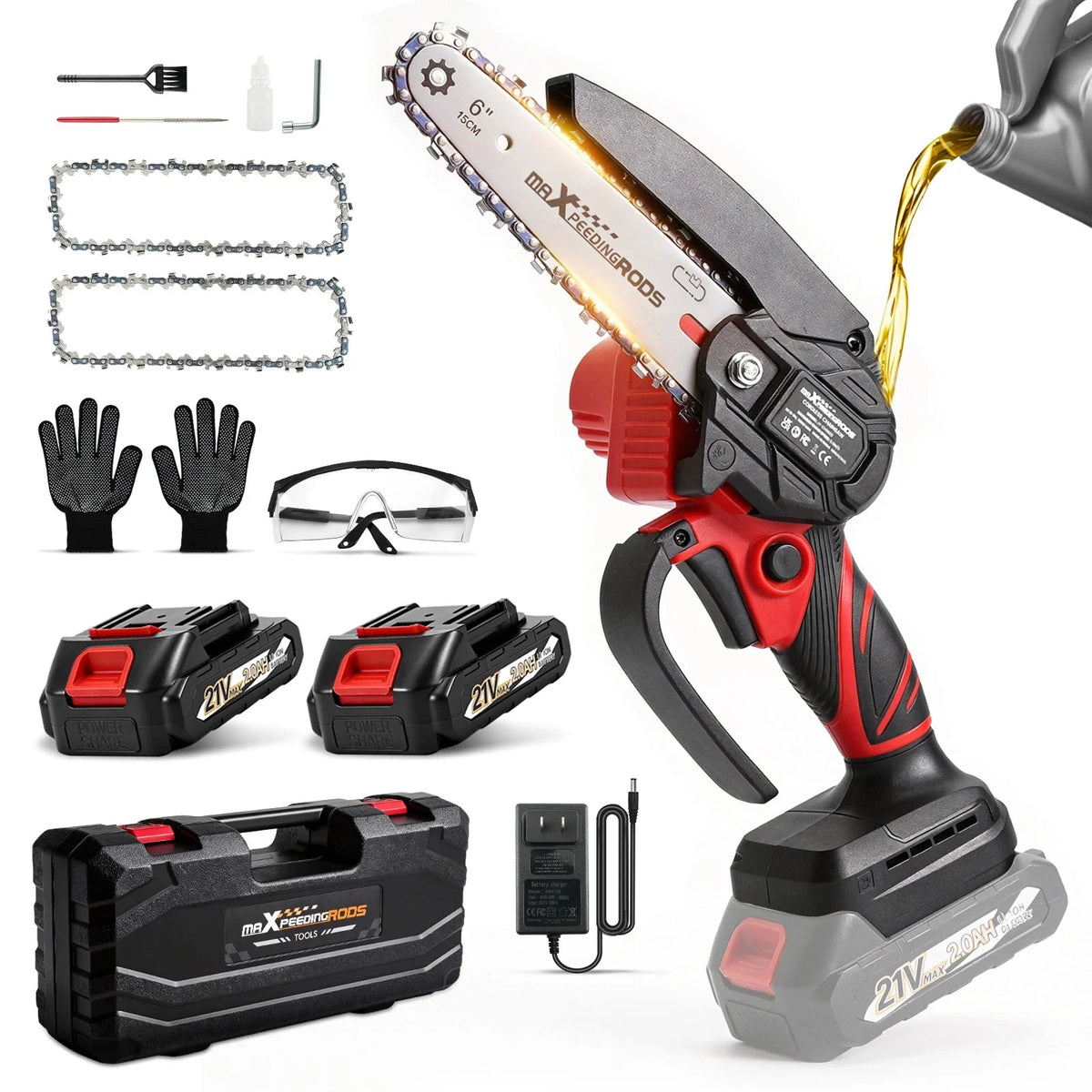 Cordless Mini Chainsaw 21V with 2 Batteries and 3 Chains