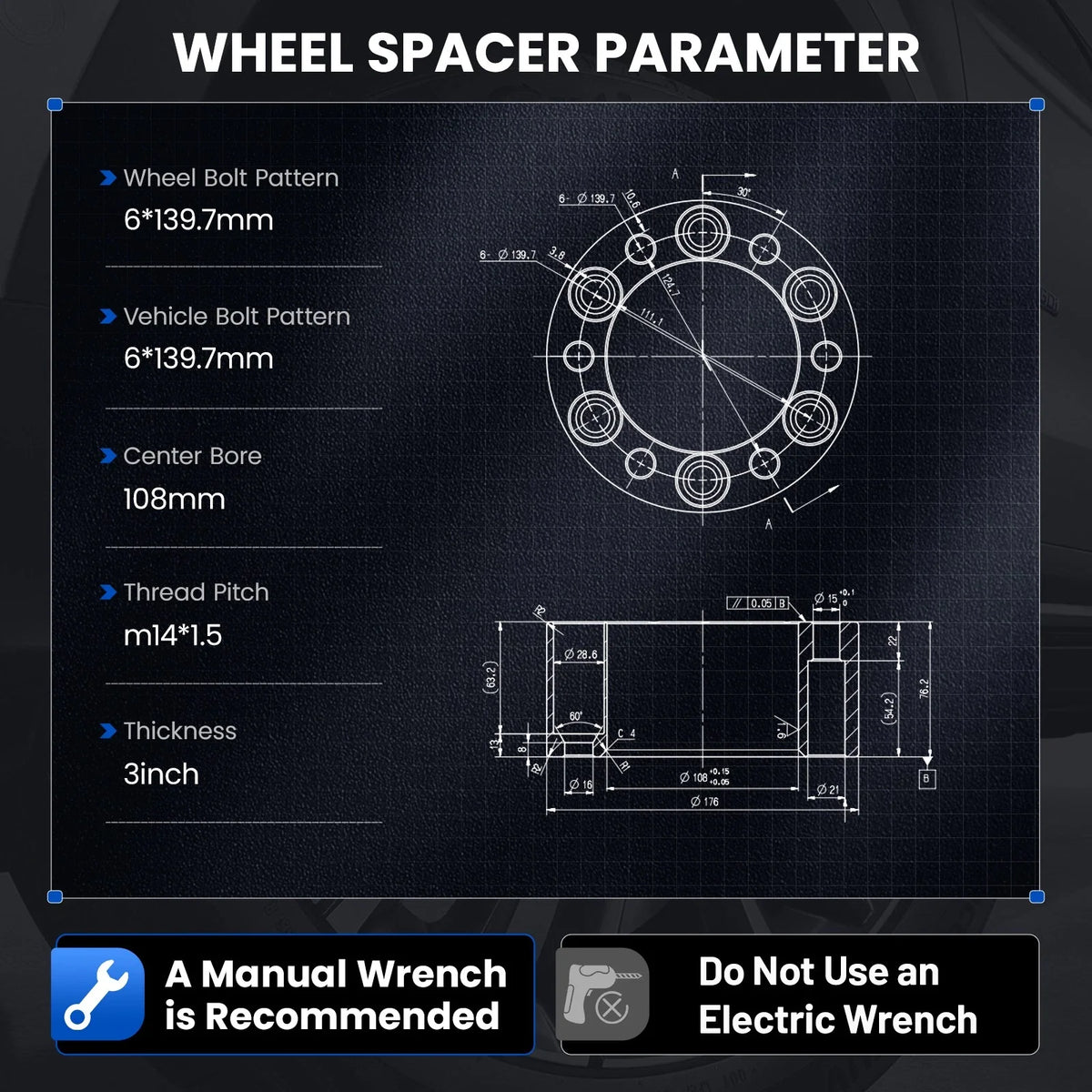 Set of 4 Wheel Spacers 3" 6x5.5 6x139.7 14x1.5 for GMC Sierra 1500 (1999–2025)