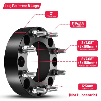 4X 2'' Wheel Spacers 8x180 14x1.5 for GMC Sierra 2500 HD 3500 HD (2011–2022)