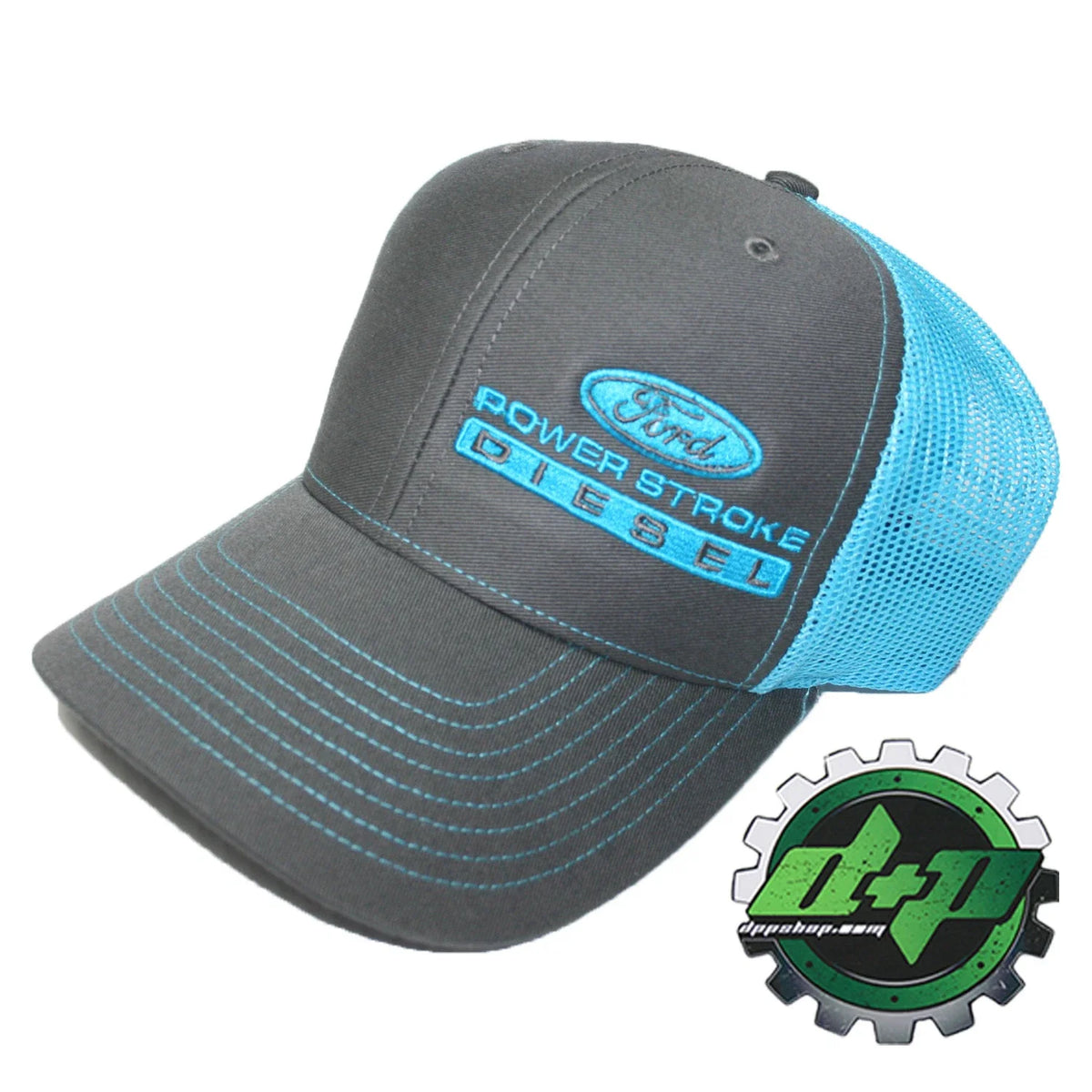 Snapback Hat in Charcoal Gray and Blue Mesh for Ford Powerstroke