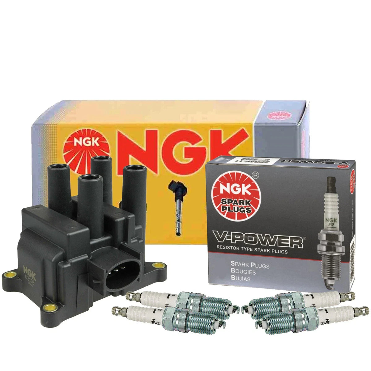 NGK DIS Ignition Coil & 4 V-Power Spark Plugs for Ford Ranger (2011–2021)