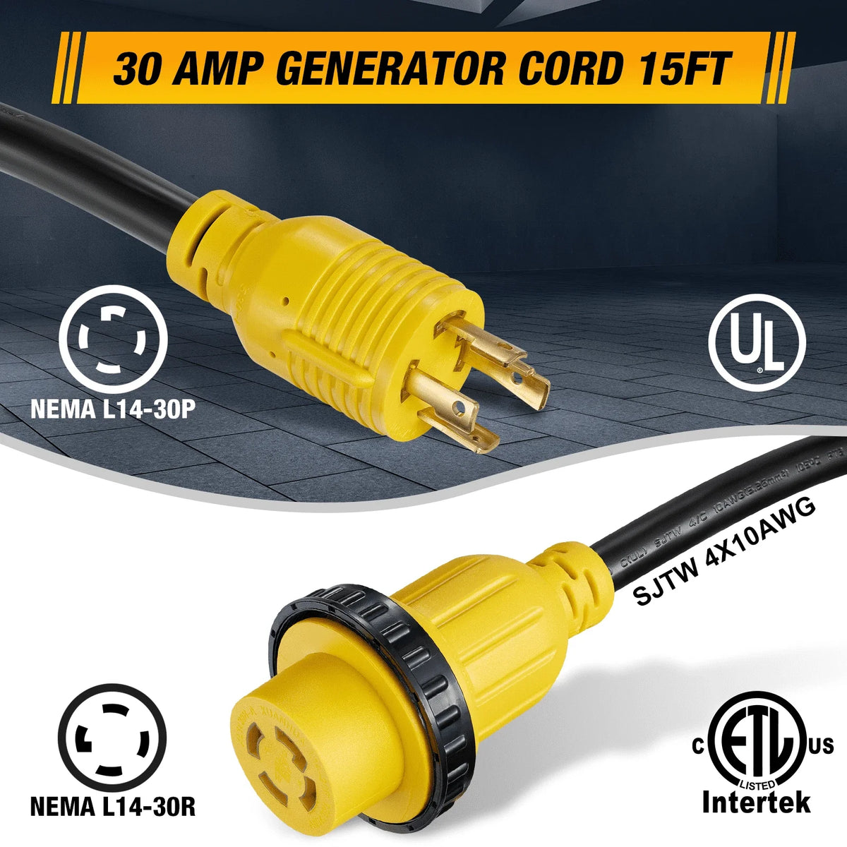 Generator Extension Cord 15FT with Inlet Box, 30 Amp, ETL Approved