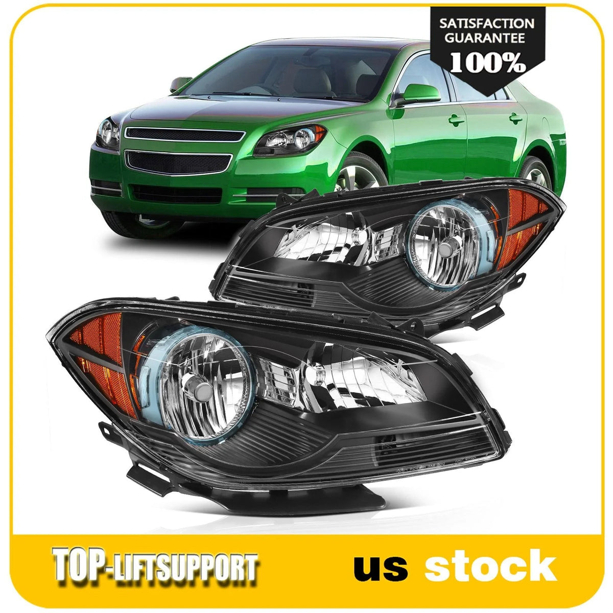 Headlight Assembly Pair for Chevy Malibu (2008–2012) Black Housing