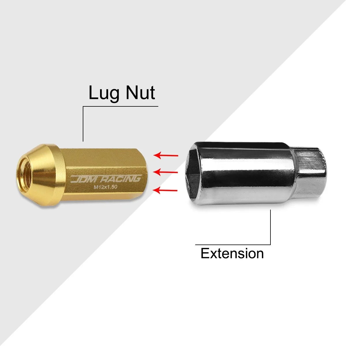 20Pc M12X1.5 Gold JDM Closed End Aluminum Hex Wheel Lug Nuts + Extension 25mmx50mm