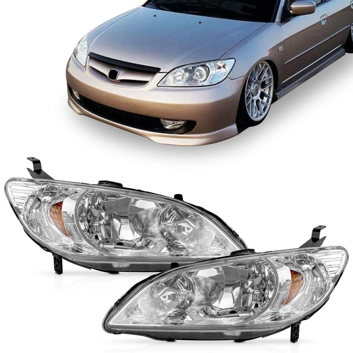 Pair Chrome Headlights for Honda Civic (2004–2005)