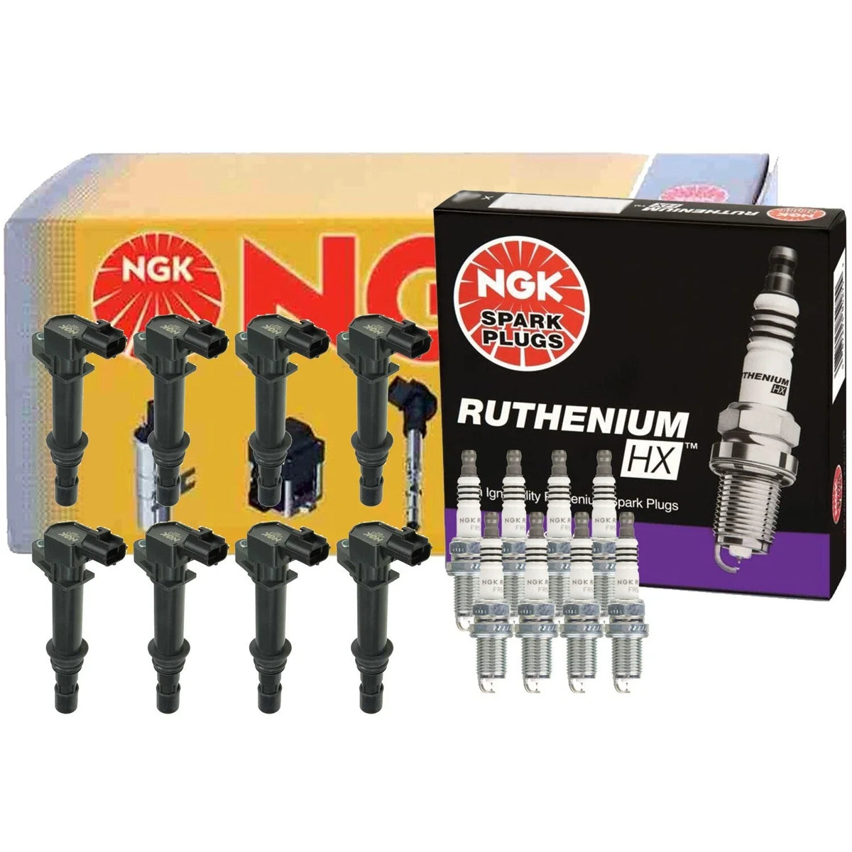 NGK COP Ignition Coil & 8 Ruthenium HX Spark Plugs Kit for Dakota Raider (1997–2004)