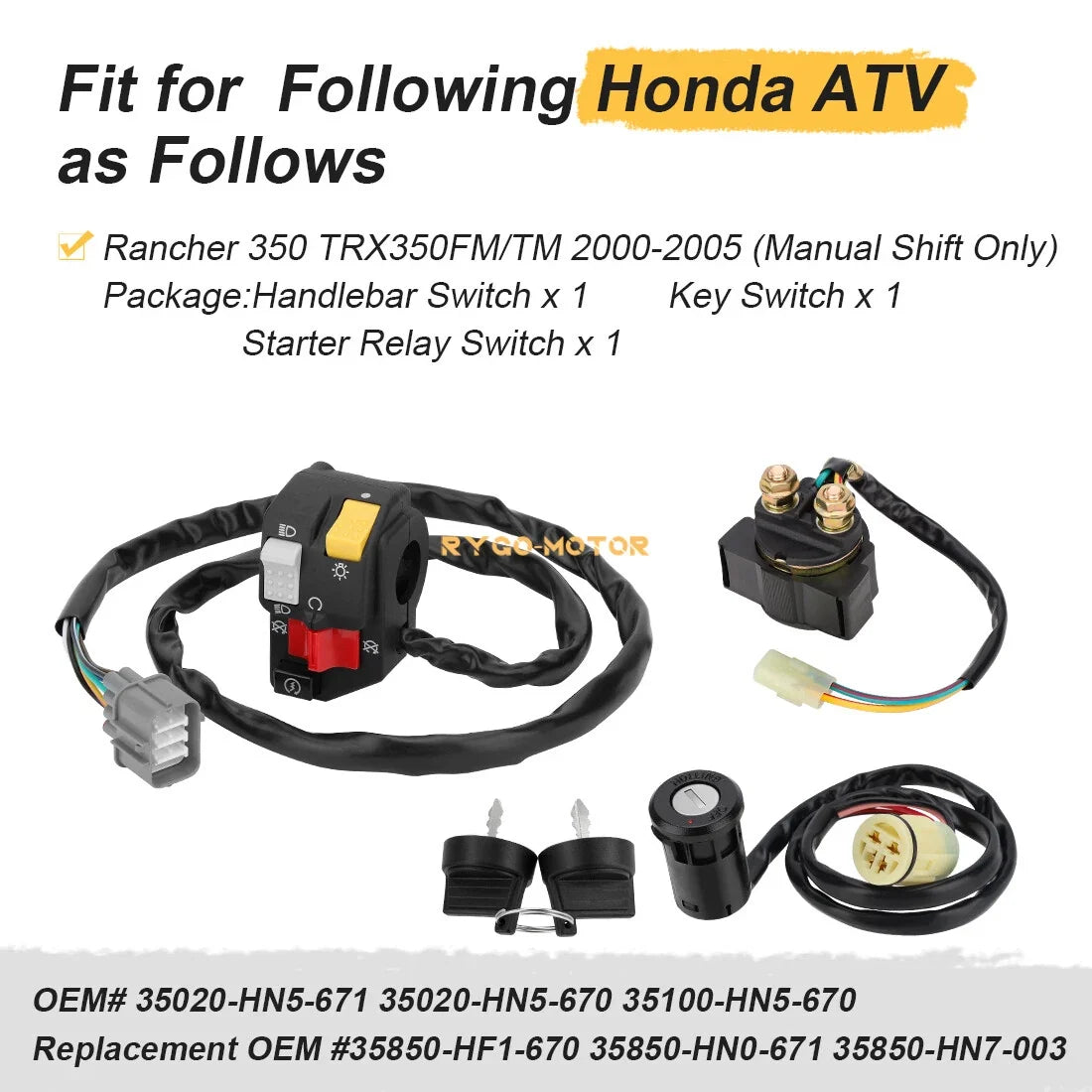 Key Switch Relay Kit for Handlebar on Honda Rancher 350 2000-2005