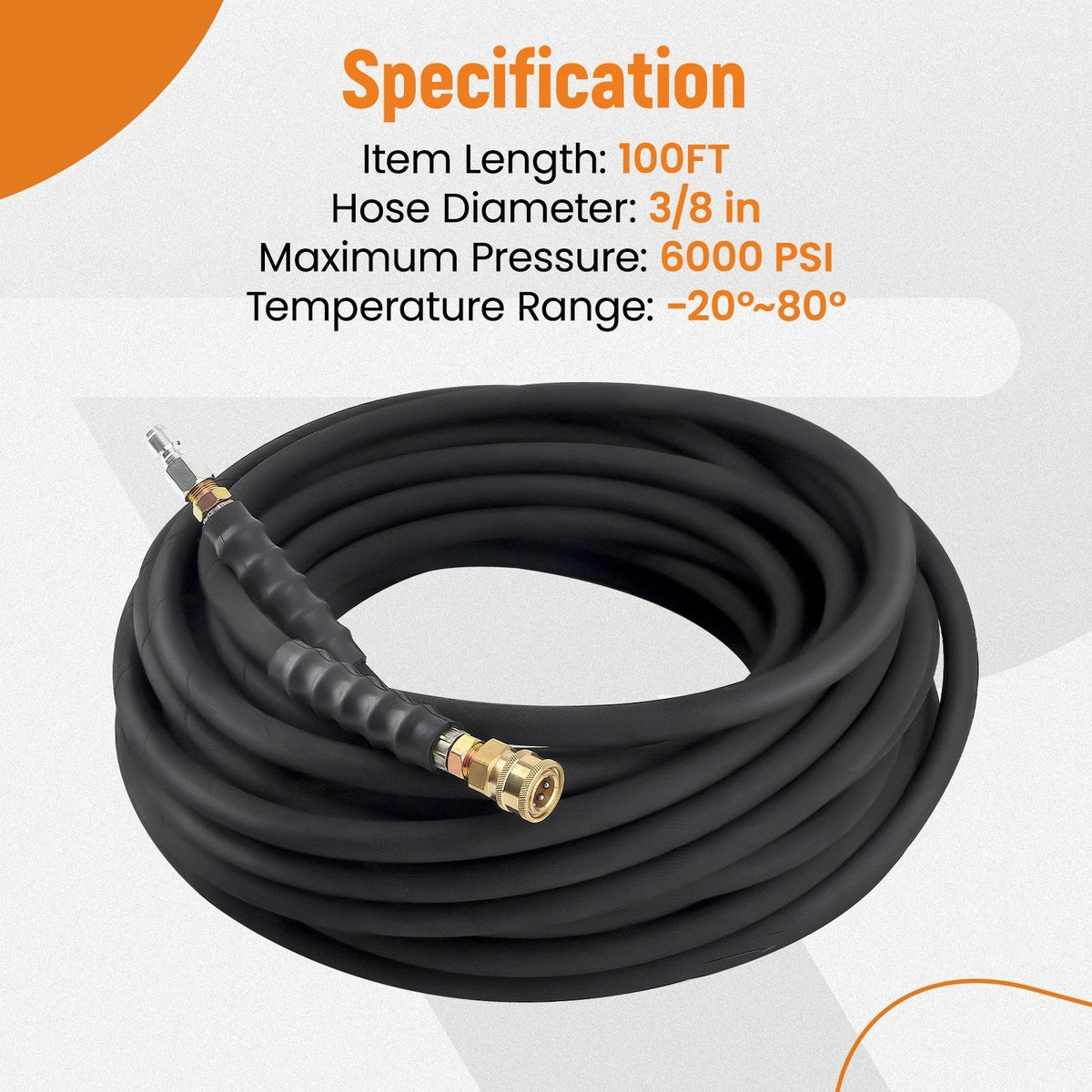 6000psi 3/8" x 100ft Pressure Washer Hose with Quick Connect