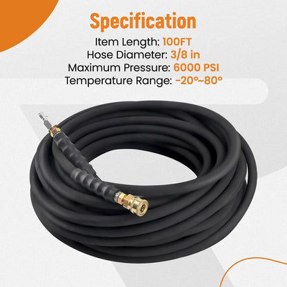 6000psi 3/8" x 100ft Pressure Washer Hose with Quick Connect