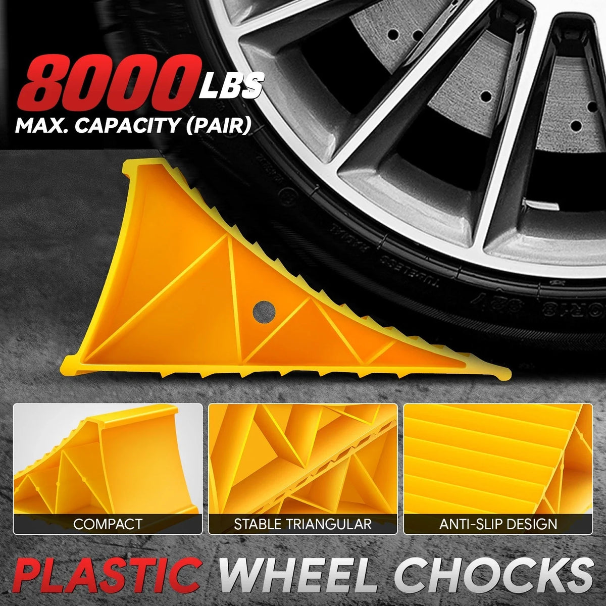 Set of 2 Yellow Stackable Triangular Wheel Chocks 8000lbs Capacity