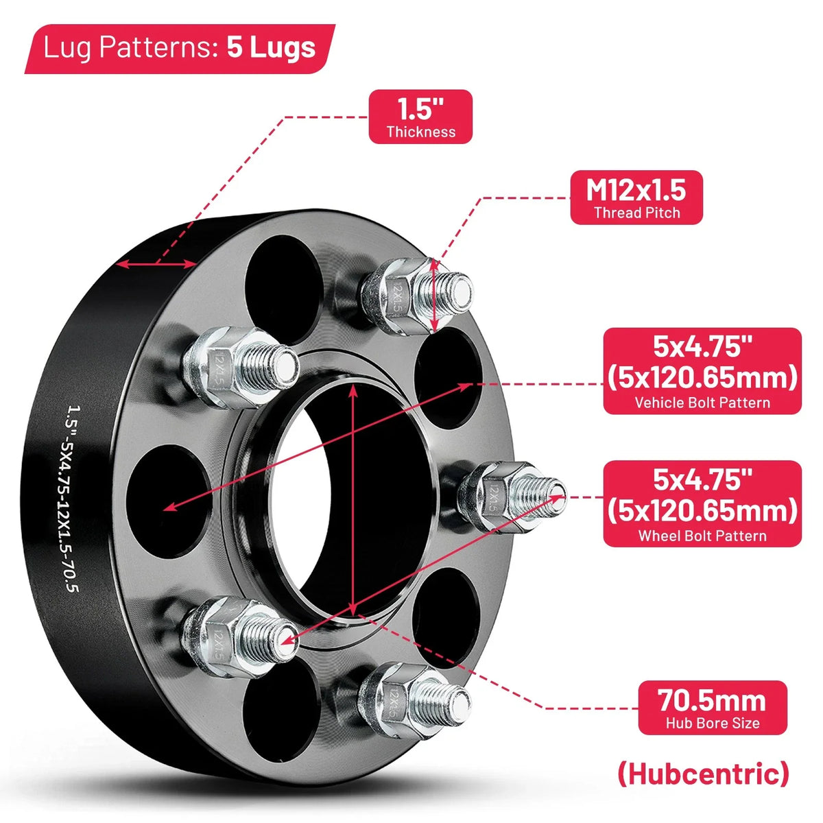 Set of 4 Hubcentric Wheel Spacers 1.5" 5x120.65 12x1.5 for Chevrolet S10 (1982–2004)