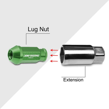 20Pc M12X1.5 Green JDM Open-End Acorn Hex Wheel Lug Nut + Extension 25mmx50mm