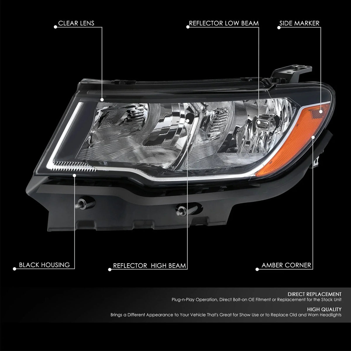 Driver Headlight for Jeep Compass (2017–2021) Black Housing Amber Corner