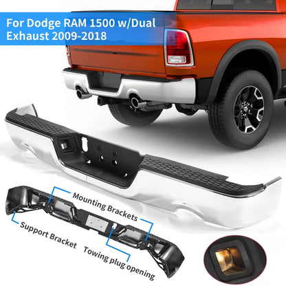 Chrome Rear Bumper Dual Exhaust for 2009–2018 Dodge RAM 1500, No Sensors