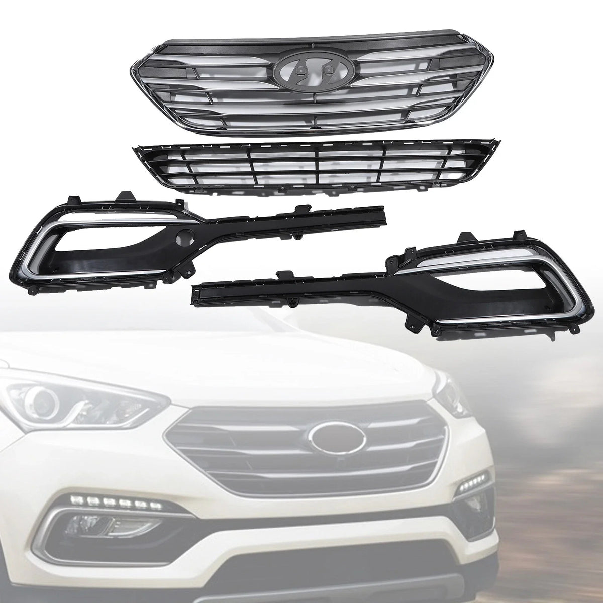 Set of 4 Front Grille and Fog Light Bezels for Hyundai Santa Fe Sport
