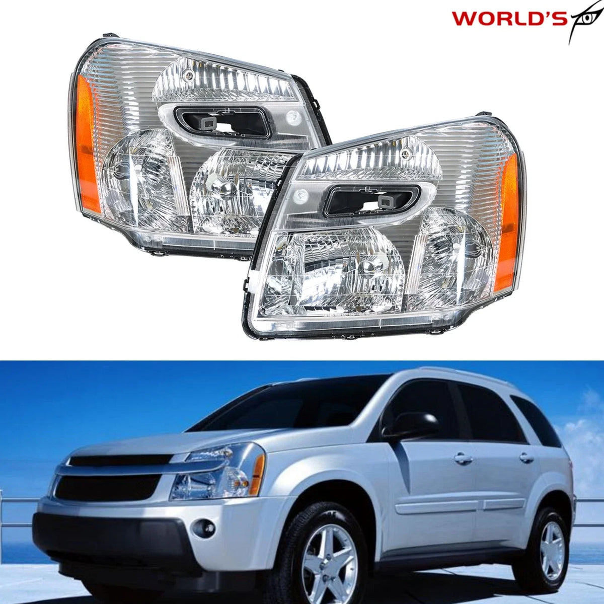 Set of 2 Headlight Replacement for Chevrolet Equinox (2005–2009) Chrome Clear