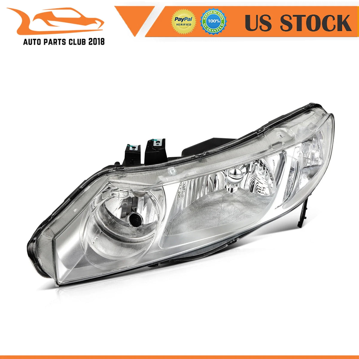 L+R Headlight Assembly with Chrome Housing for 2006-2011 Honda Civic Sedan