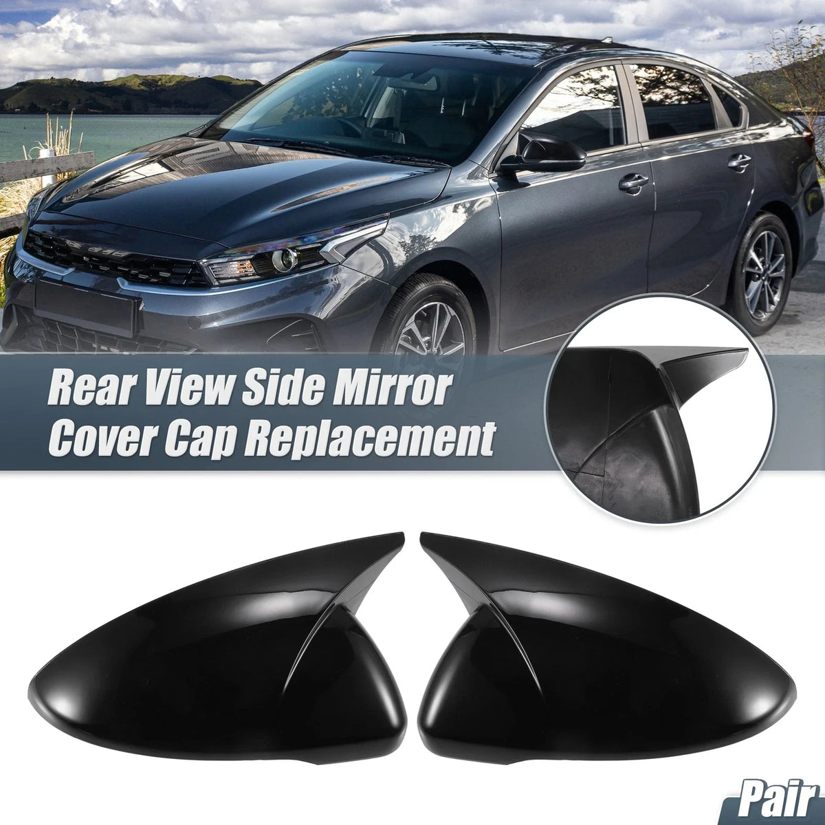 Pair Rearview Mirror Cover Overlay Gloss Black for Kia Forte Cerato K3 (2019–2024)
