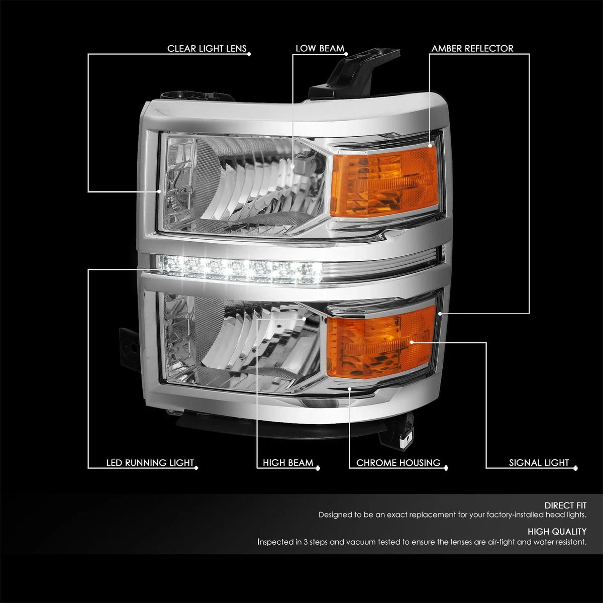 LED DRL Chrome Amber Side Headlight Lamps for Silverado 1500 (2014–2015)