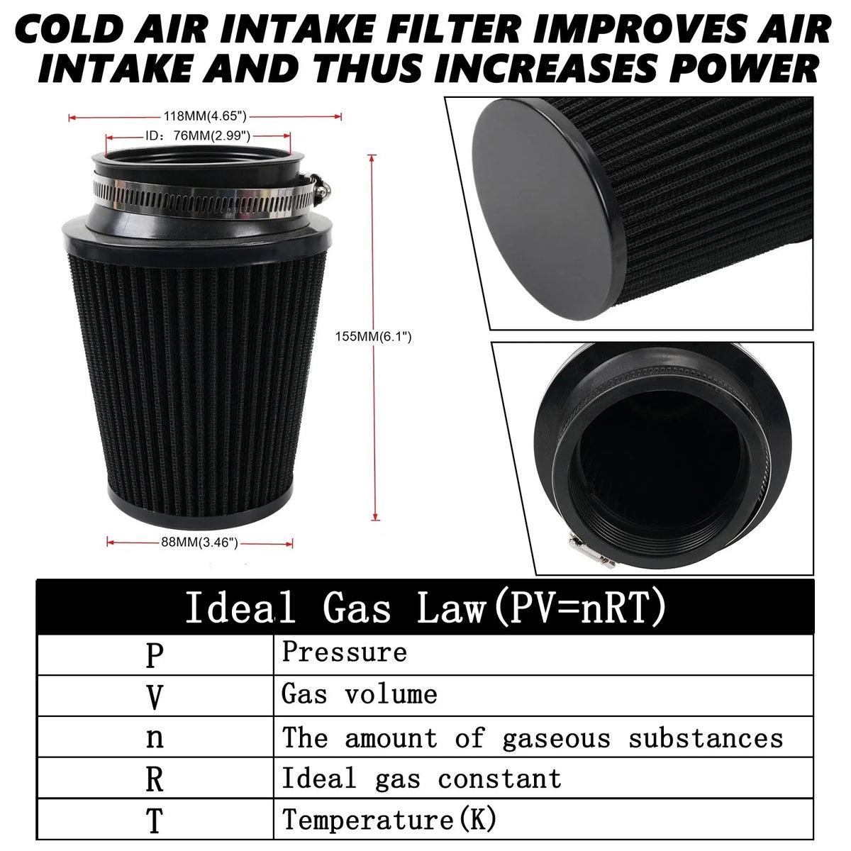 76mm Cold Air Intake Cone with High Flow Filter for Toyota Hilux N70